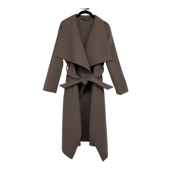 Kyna Collection Taupe Wrap Waterfall plush trench Coat waist tie size ~L - Picture 2 of 16
